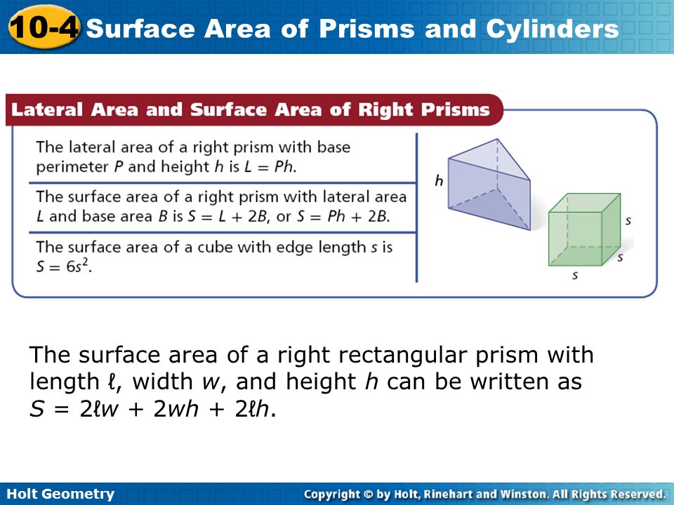 The surface area of a right rectangular prism with length ℓ, width w, and height h can be written as