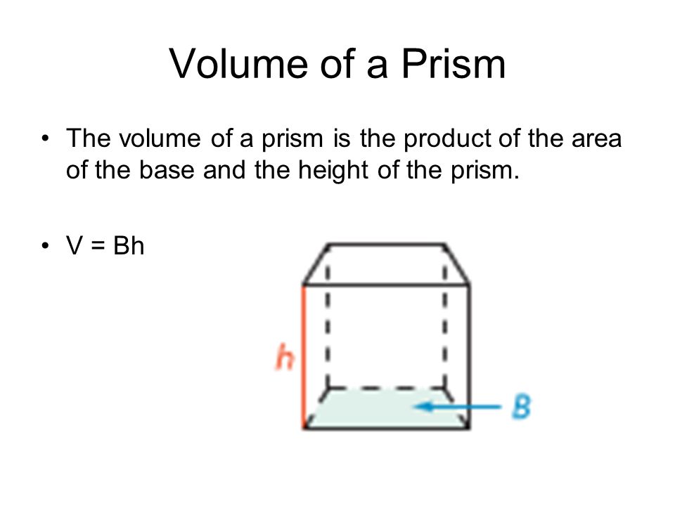 Volume of a Prism The volume of a prism is the product of the area of the base and the height of the prism.