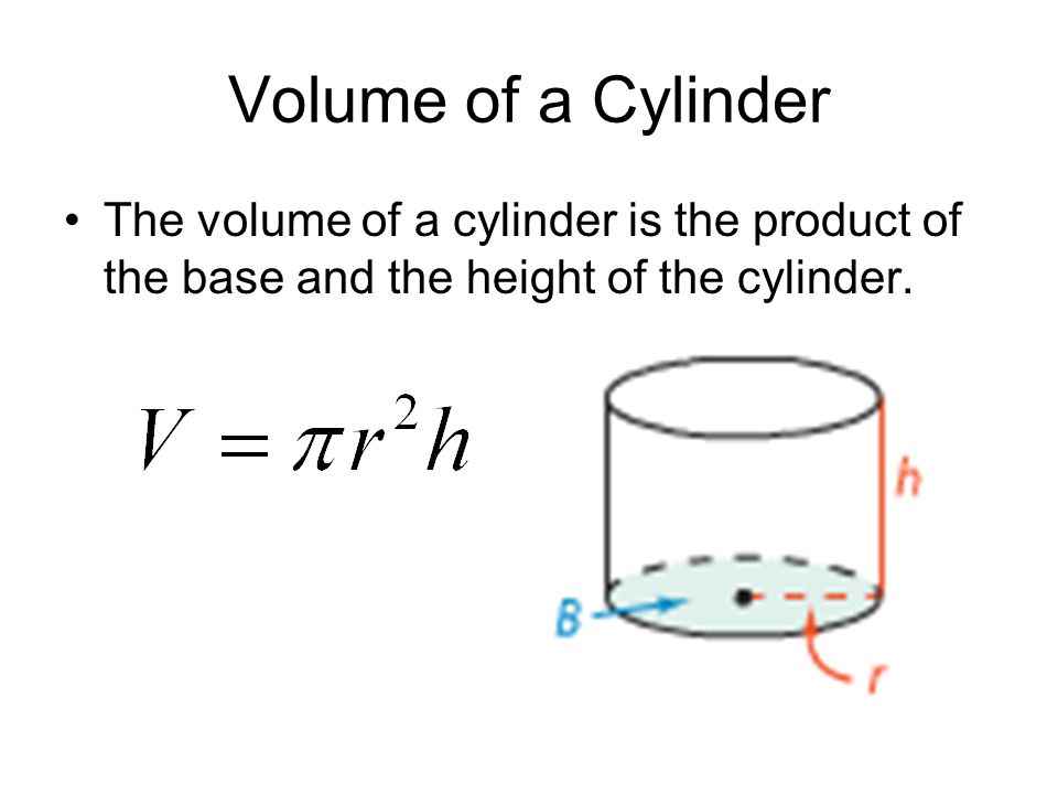 Volume of a Cylinder The volume of a cylinder is the product of the base and the height of the cylinder.
