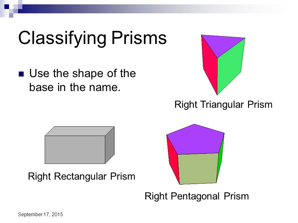 Classifying Prisms Use the shape of the base in the name.