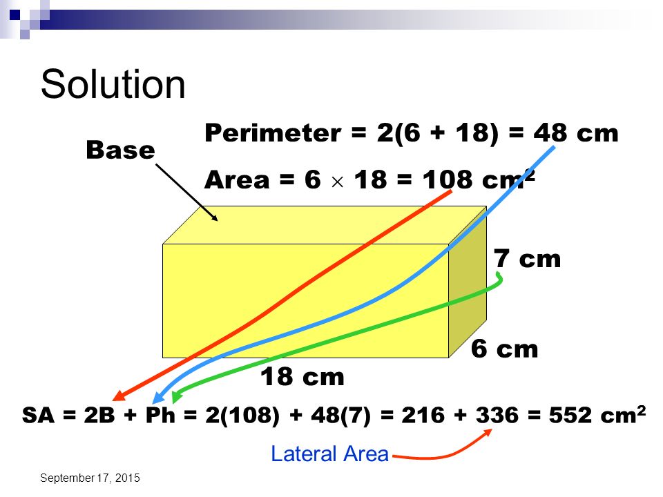 Solution Perimeter = 2(6 + 18) = 48 cm Base Area = 6  18 = 108 cm2