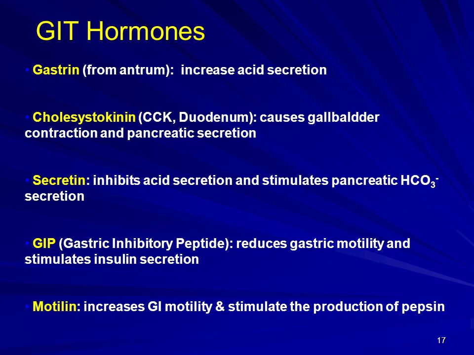 GIT Hormones Gastrin (from antrum): increase acid secretion