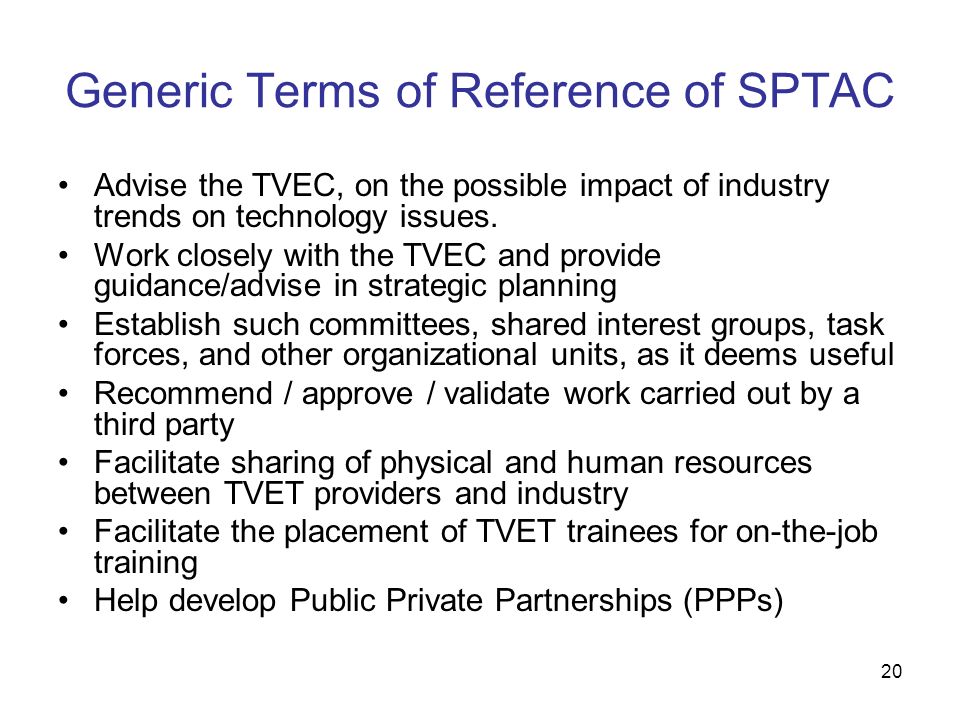 Generic Terms of Reference of SPTAC