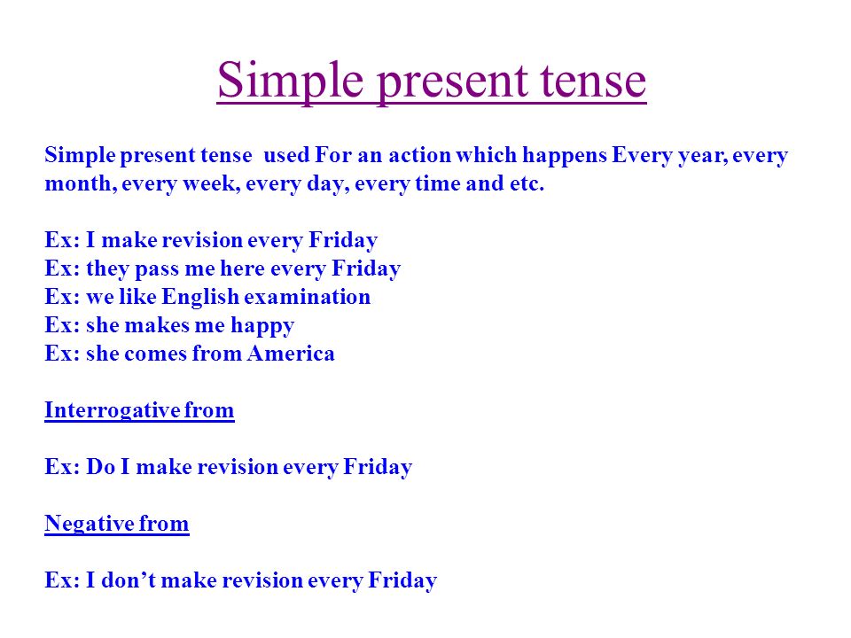 Simple present tense Simple present tense used For an action which happens Every year, every month, every week, every day, every time and etc.