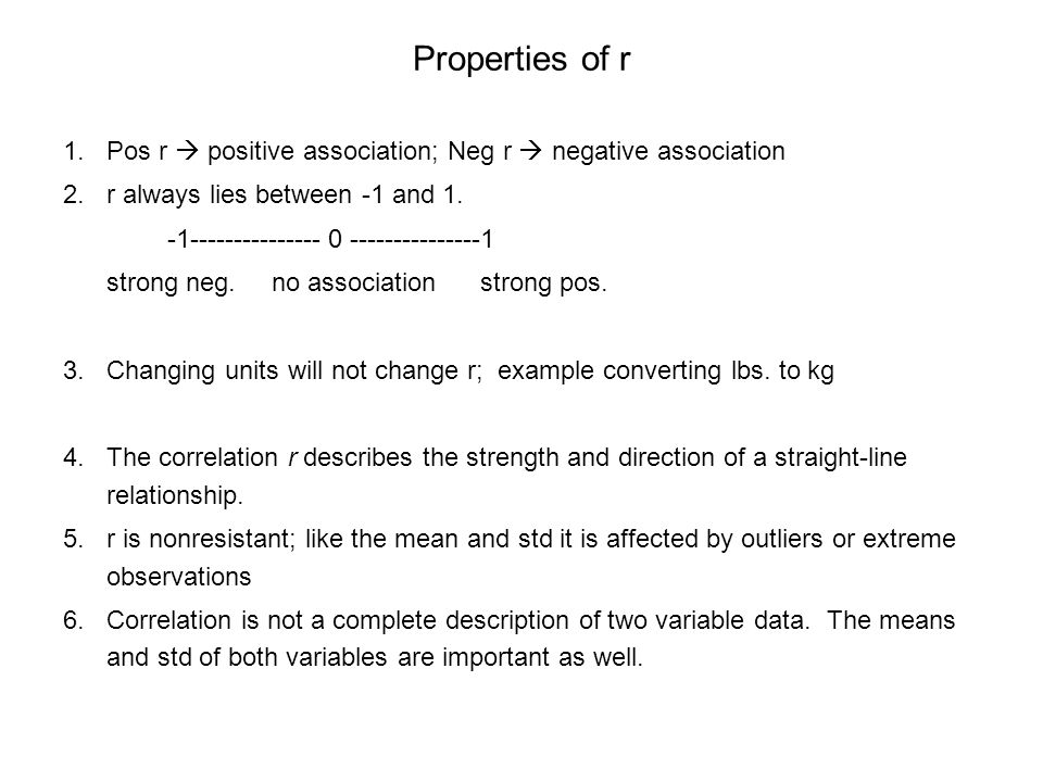 Properties of r Pos r  positive association; Neg r  negative association. r always lies between -1 and 1.