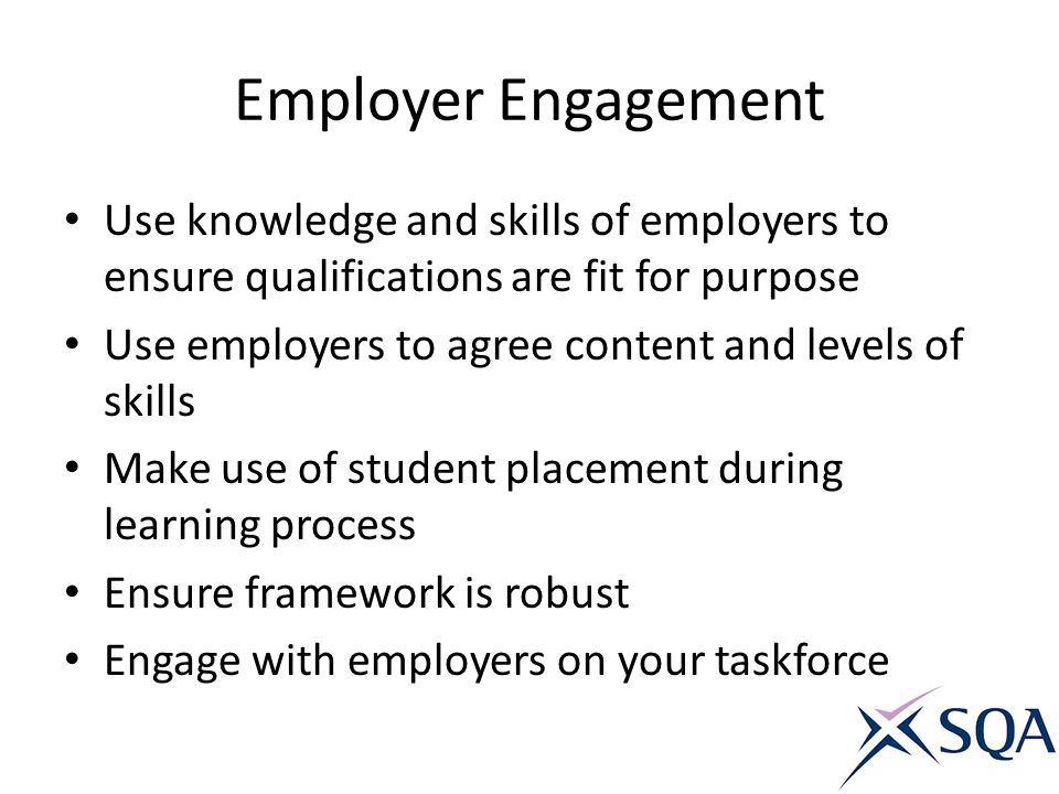 Employer Engagement Use knowledge and skills of employers to ensure qualifications are fit for purpose.