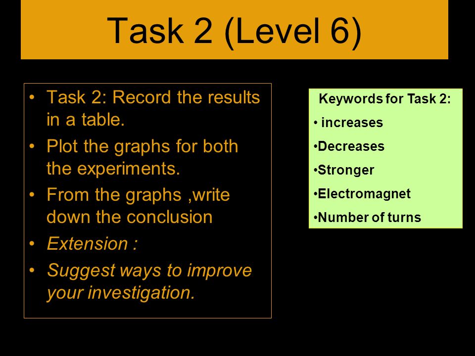 Task 2 (Level 6) Task 2: Record the results in a table.