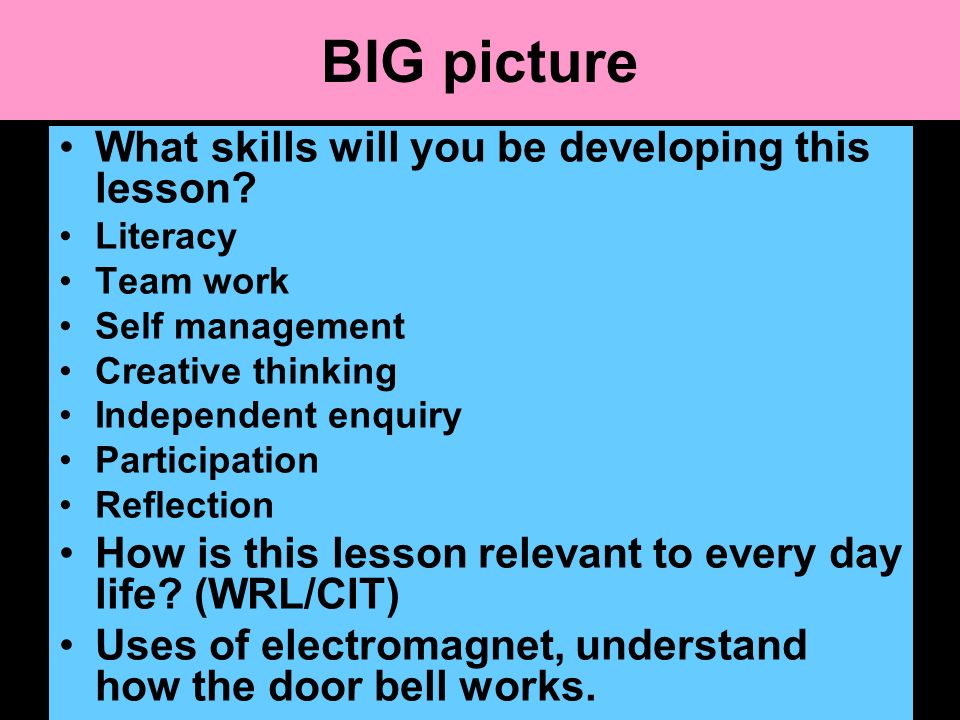 BIG picture What skills will you be developing this lesson