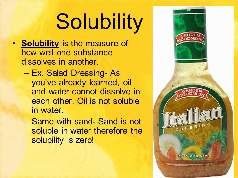 Solubility Solubility is the measure of how well one substance dissolves in another.