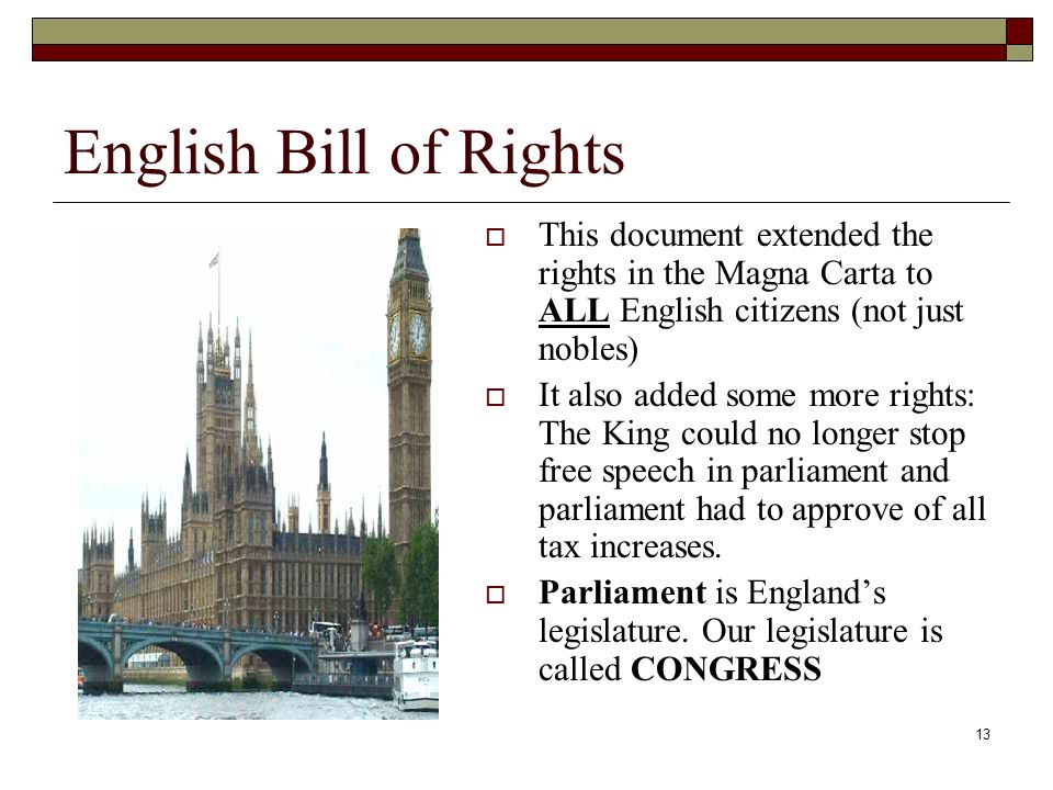English Bill of Rights This document extended the rights in the Magna Carta to ALL English citizens (not just nobles)