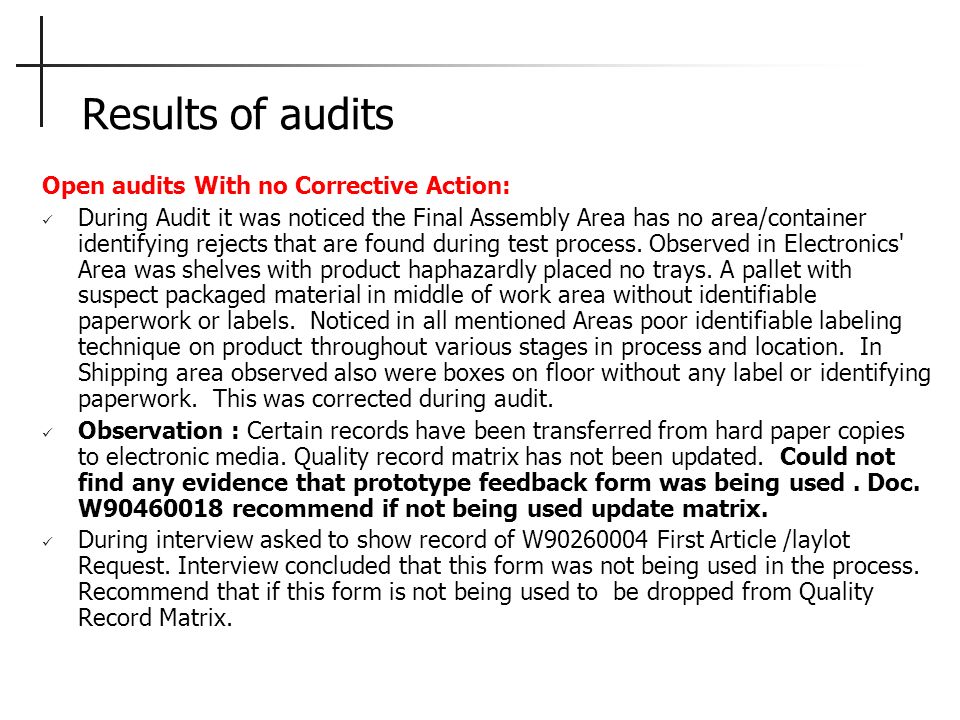 Results of audits Open audits With no Corrective Action: