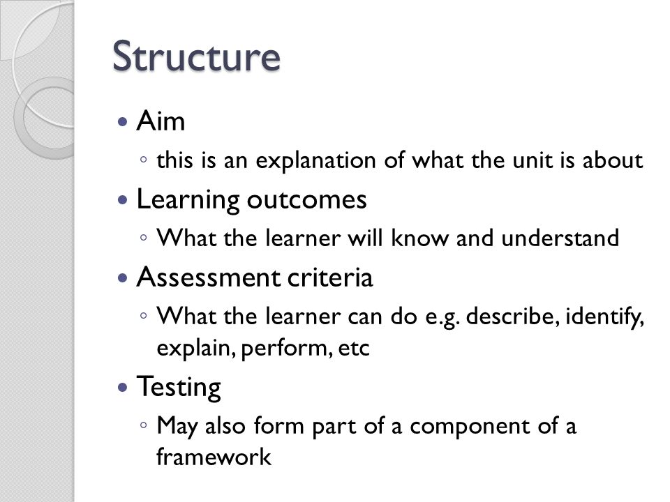Structure Aim Learning outcomes Assessment criteria Testing