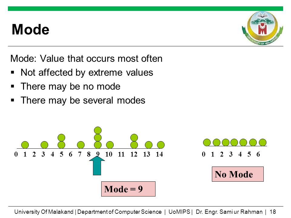 Mode Mode: Value that occurs most often Not affected by extreme values