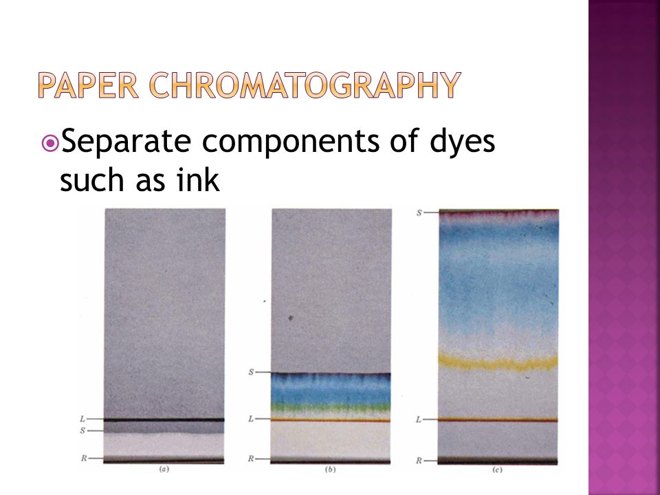 Paper chromatography Separate components of dyes such as ink