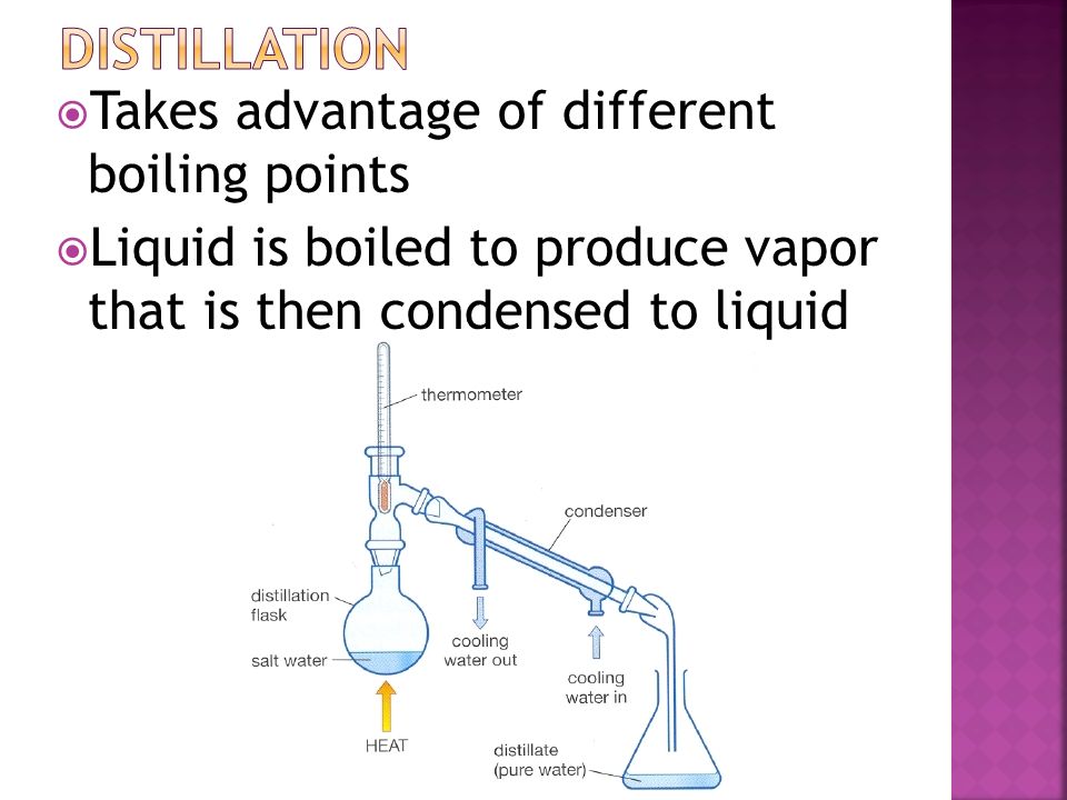 distillation Takes advantage of different boiling points