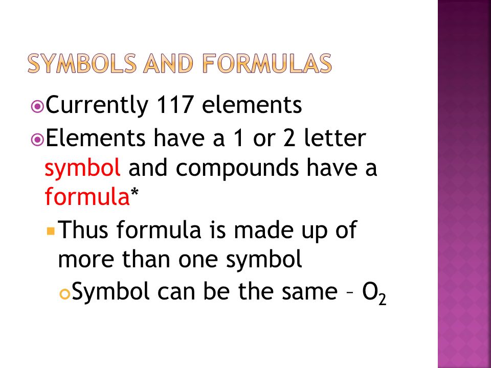 Symbols and formulas Currently 117 elements
