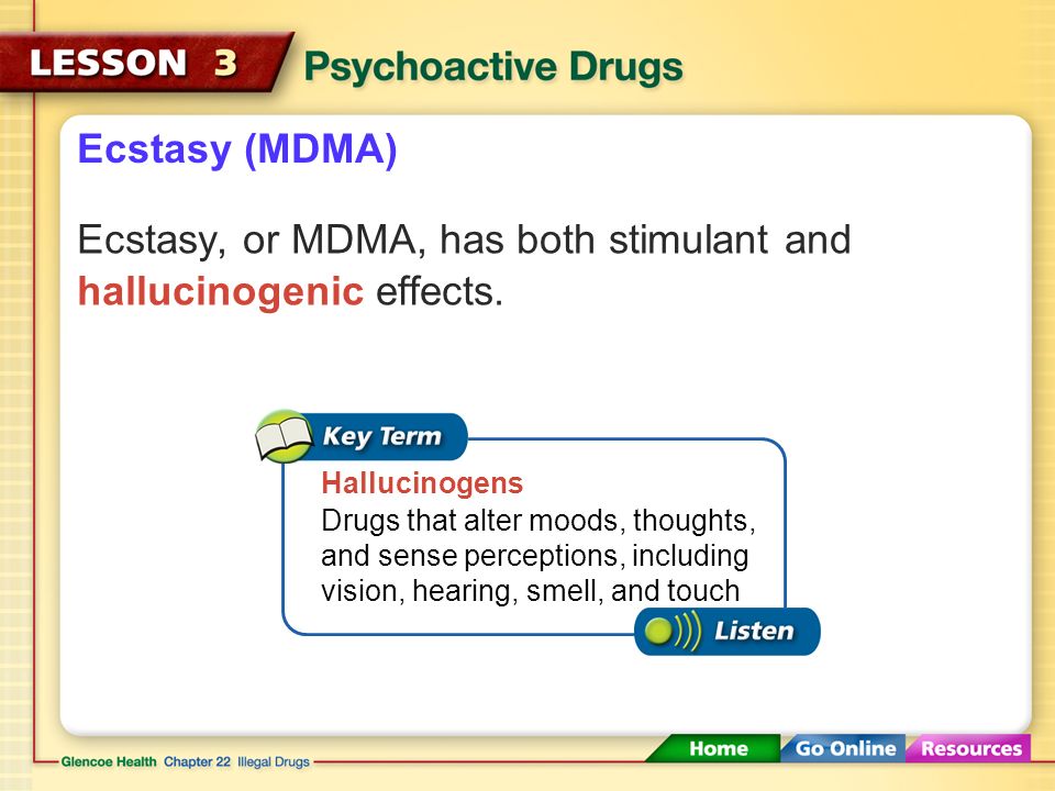 Ecstasy, or MDMA, has both stimulant and hallucinogenic effects.