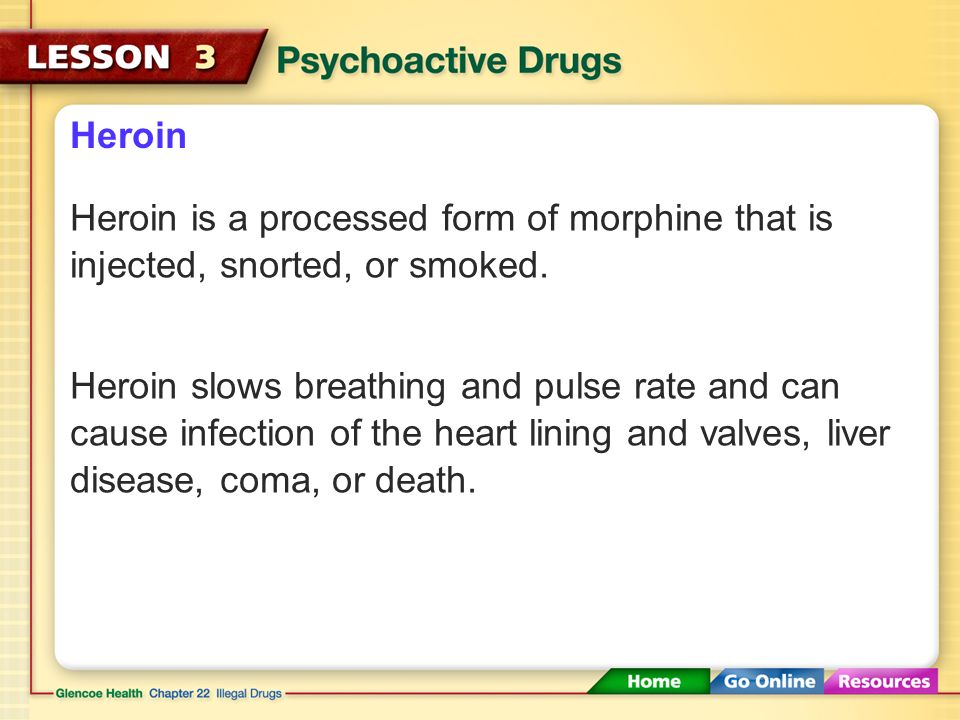 Heroin Heroin is a processed form of morphine that is injected, snorted, or smoked.