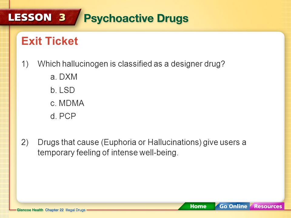 Exit Ticket Which hallucinogen is classified as a designer drug