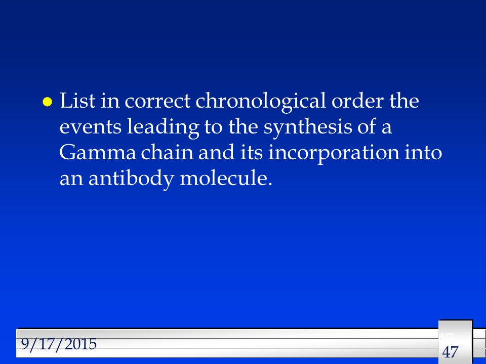 List in correct chronological order the events leading to the synthesis of a Gamma chain and its incorporation into an antibody molecule.