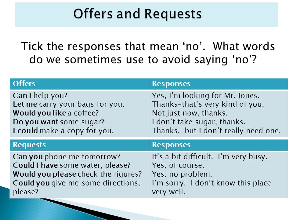 Offers and Requests Tick the responses that mean 'no'. 
