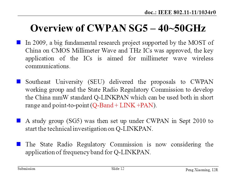 Overview of CWPAN SG5 – 40~50GHz