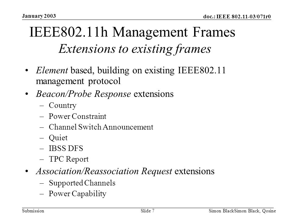 IEEE802.11h Management Frames Extensions to existing frames