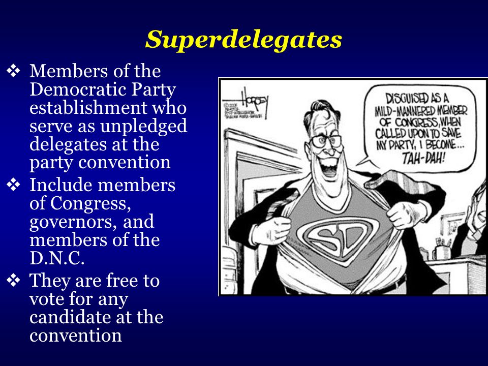 Superdelegates Members of the Democratic Party establishment who serve as unpledged delegates at the party convention.