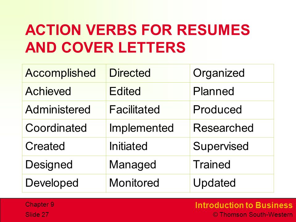 ACTION VERBS FOR RESUMES AND COVER LETTERS