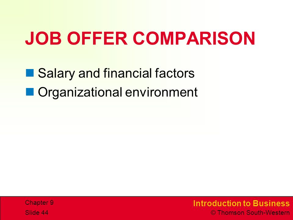 JOB OFFER COMPARISON Salary and financial factors