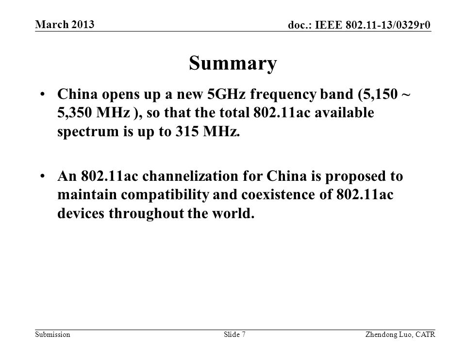 Summary China opens up a new 5GHz frequency band (5,150 ~ 5,350 MHz ), so that the total ac available spectrum is up to 315 MHz.