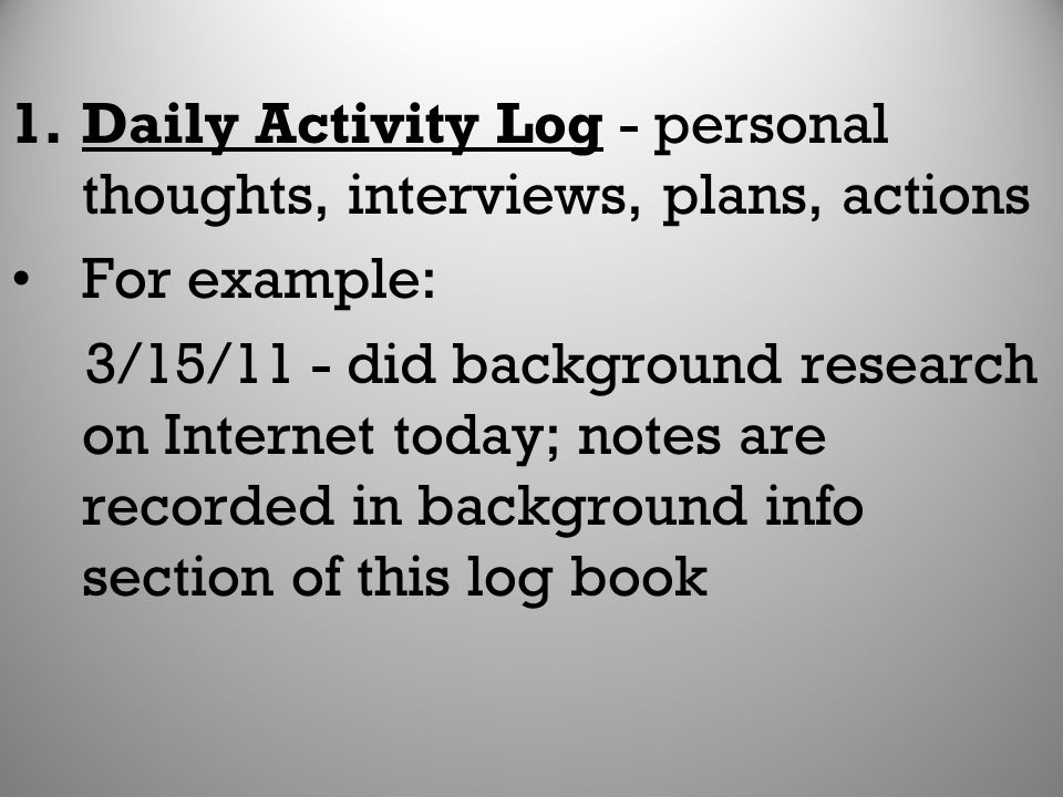 Daily Activity Log - personal thoughts, interviews, plans, actions