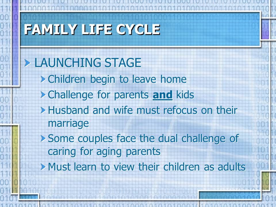 FAMILY LIFE CYCLE LAUNCHING STAGE Children begin to leave home