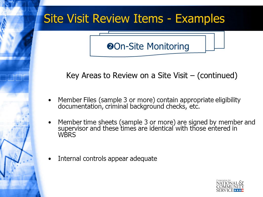 Site Visit Review Items - Examples