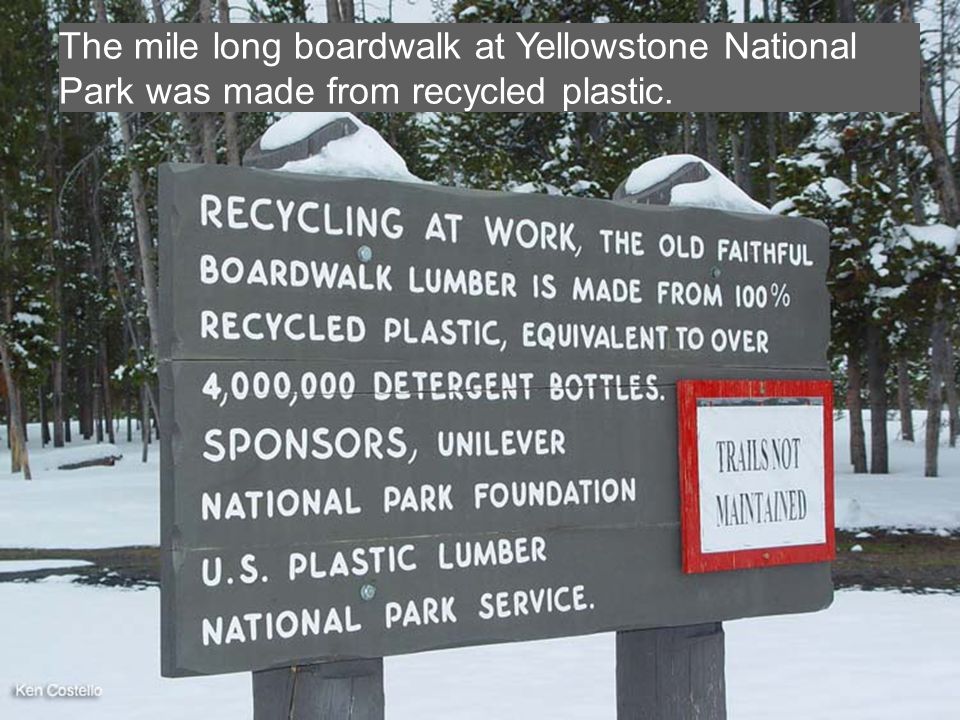 The mile long boardwalk at Yellowstone National Park was made from recycled plastic.