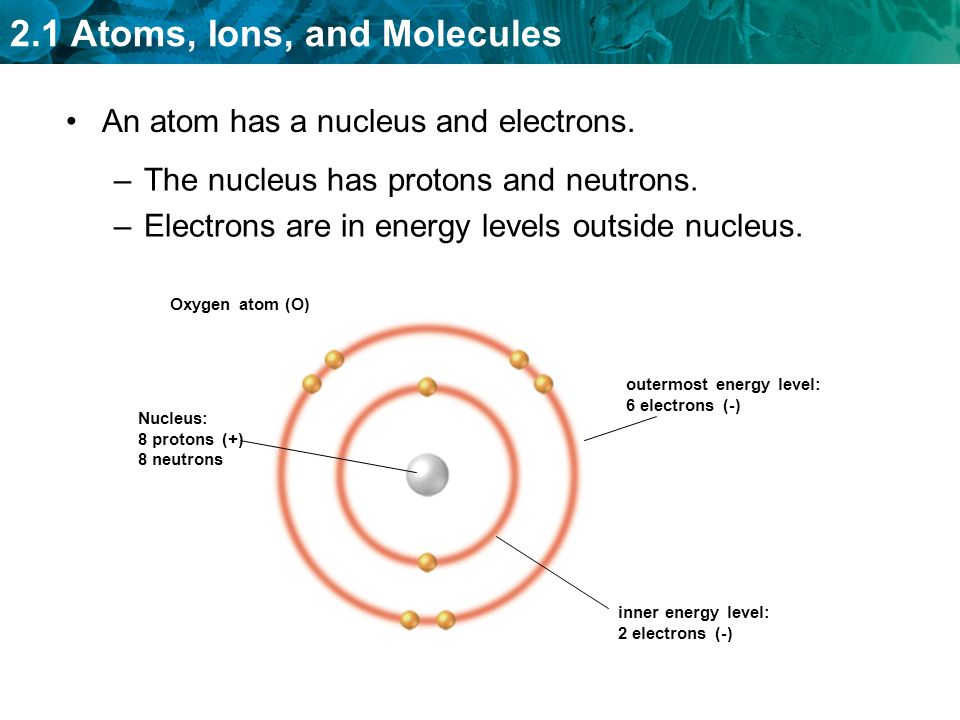 An atom has a nucleus and electrons.