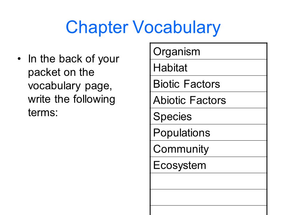 Chapter Vocabulary Organism Habitat Biotic Factors Abiotic Factors