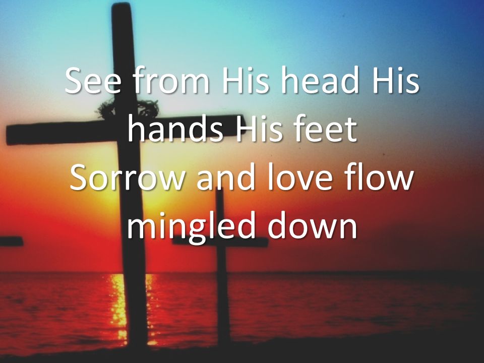 See from His head His hands His feet Sorrow and love flow mingled down