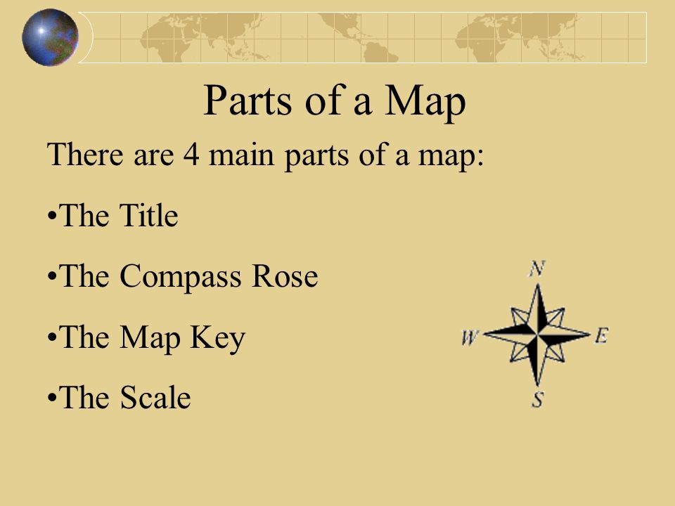 Parts of a Map There are 4 main parts of a map: The Title