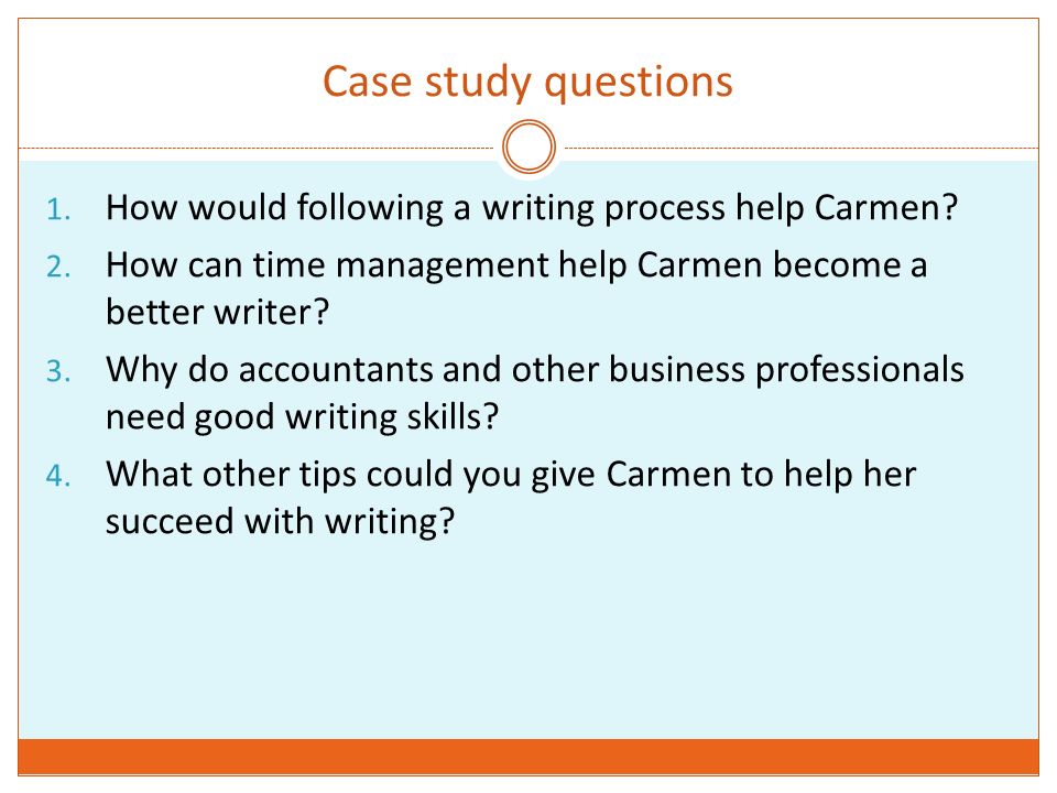 Case study questions How would following a writing process help Carmen How can time management help Carmen become a better writer