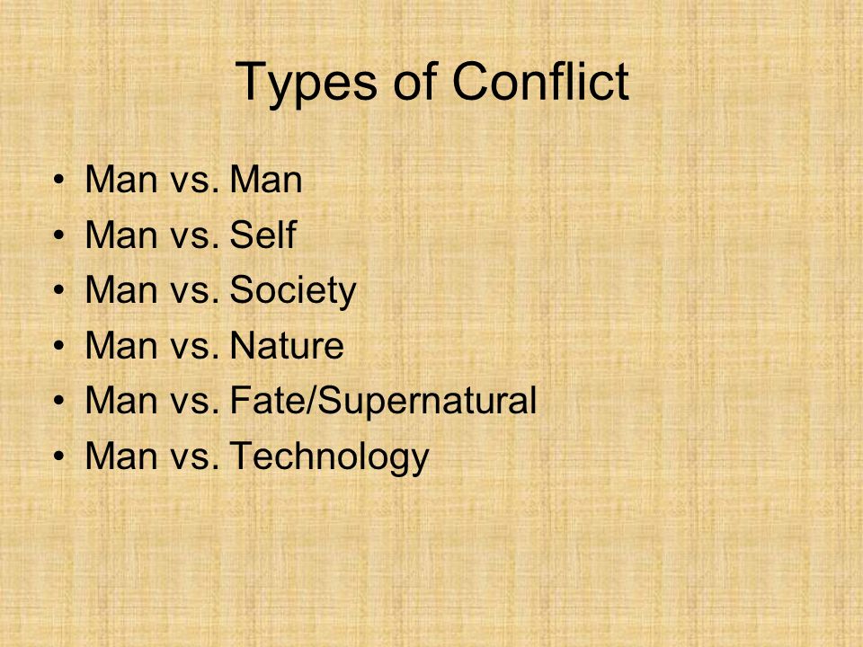 Types of Conflict Man vs. Man Man vs. Self Man vs. Society