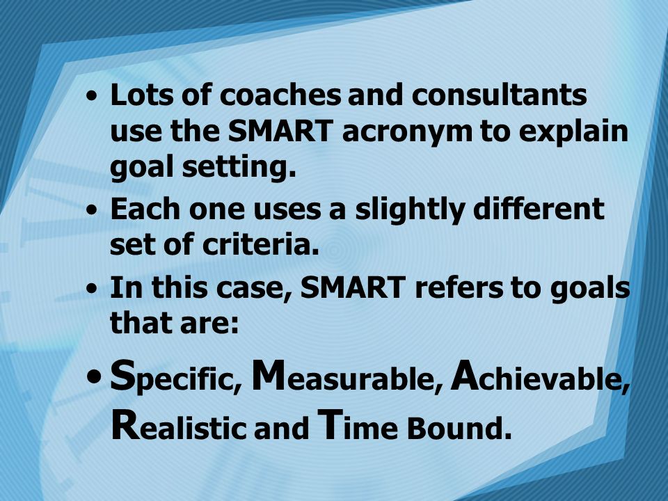 Specific, Measurable, Achievable, Realistic and Time Bound.