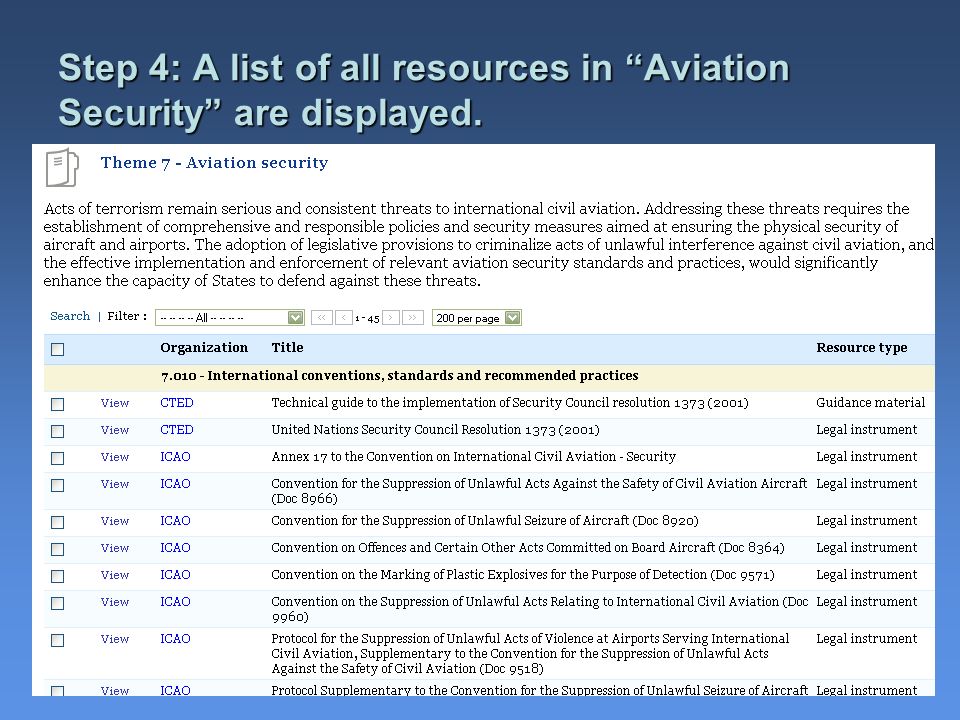 Step 4: A list of all resources in Aviation Security are displayed.