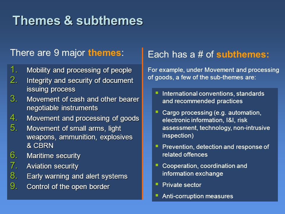 Themes & subthemes There are 9 major themes: