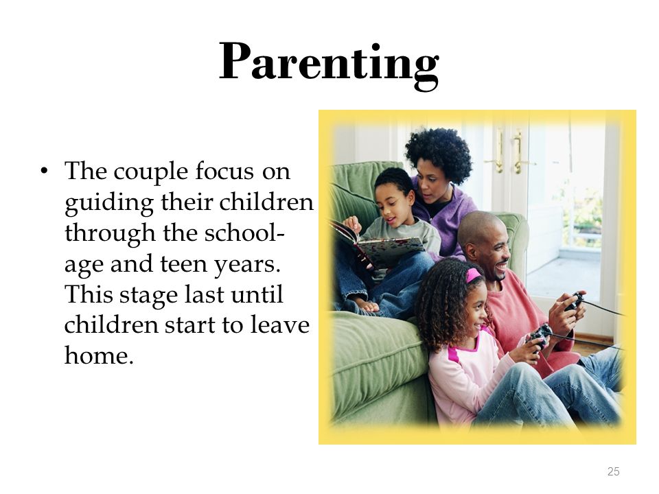 Parenting The couple focus on guiding their children through the school-age and teen years.