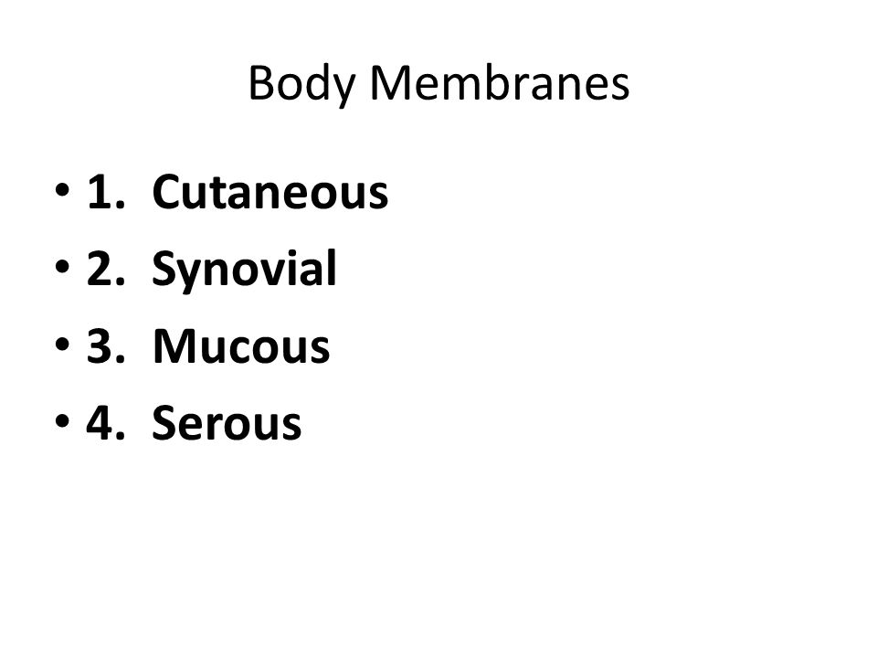 Body Membranes 1. Cutaneous 2. Synovial 3. Mucous 4. Serous