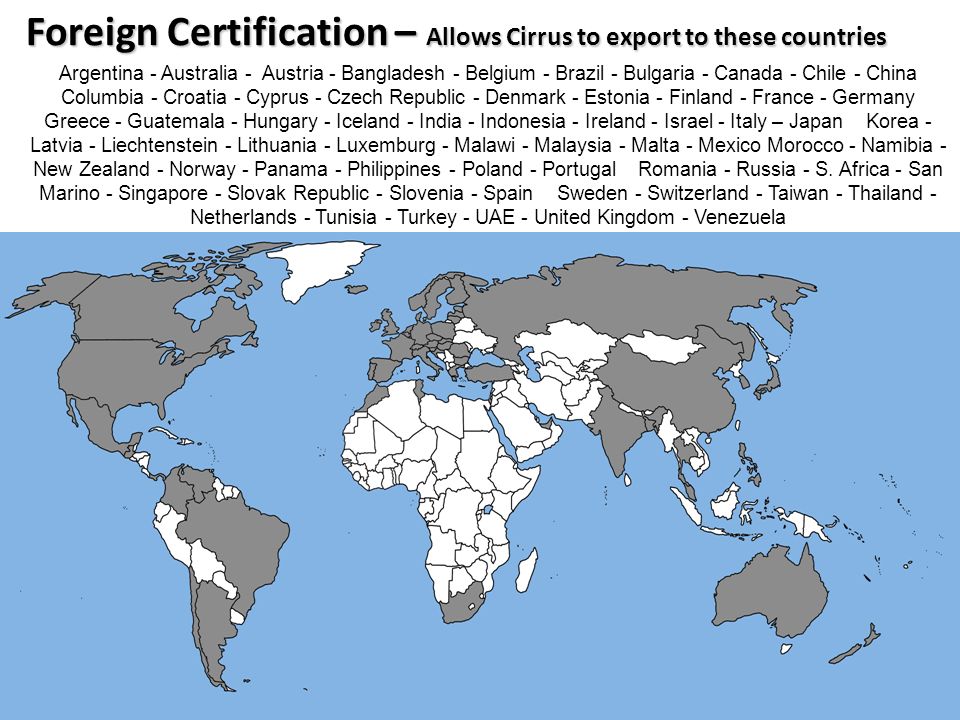 Foreign Certification – Allows Cirrus to export to these countries