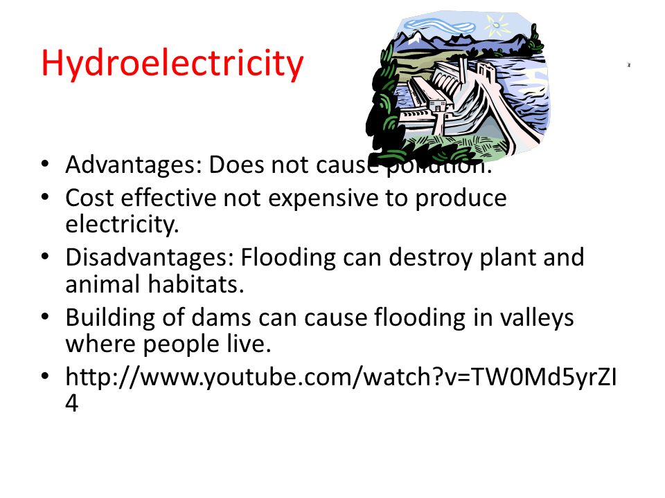 Hydroelectricity Advantages: Does not cause pollution.