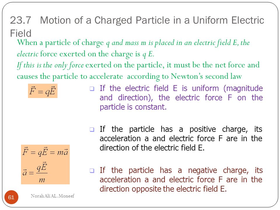 A stationary positive charge is placed in a uniform electric field. the direction of electric force exerted on that stationary positive charge is