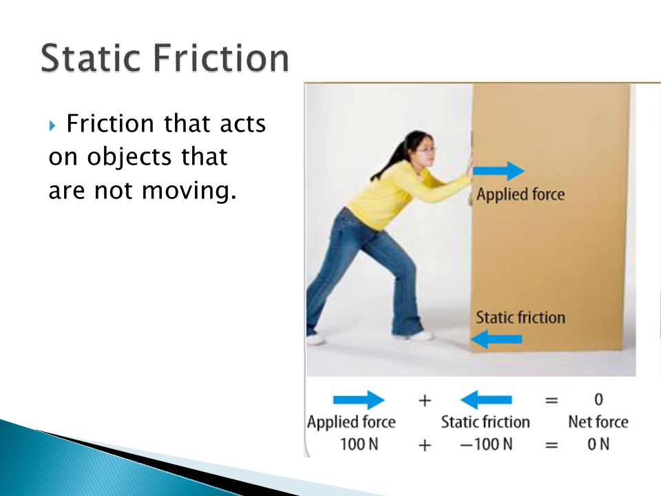 Static Friction Friction that acts on objects that are not moving.
